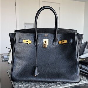 HERMES BIRKIN Black Leather Handbag w/Gold Hardware